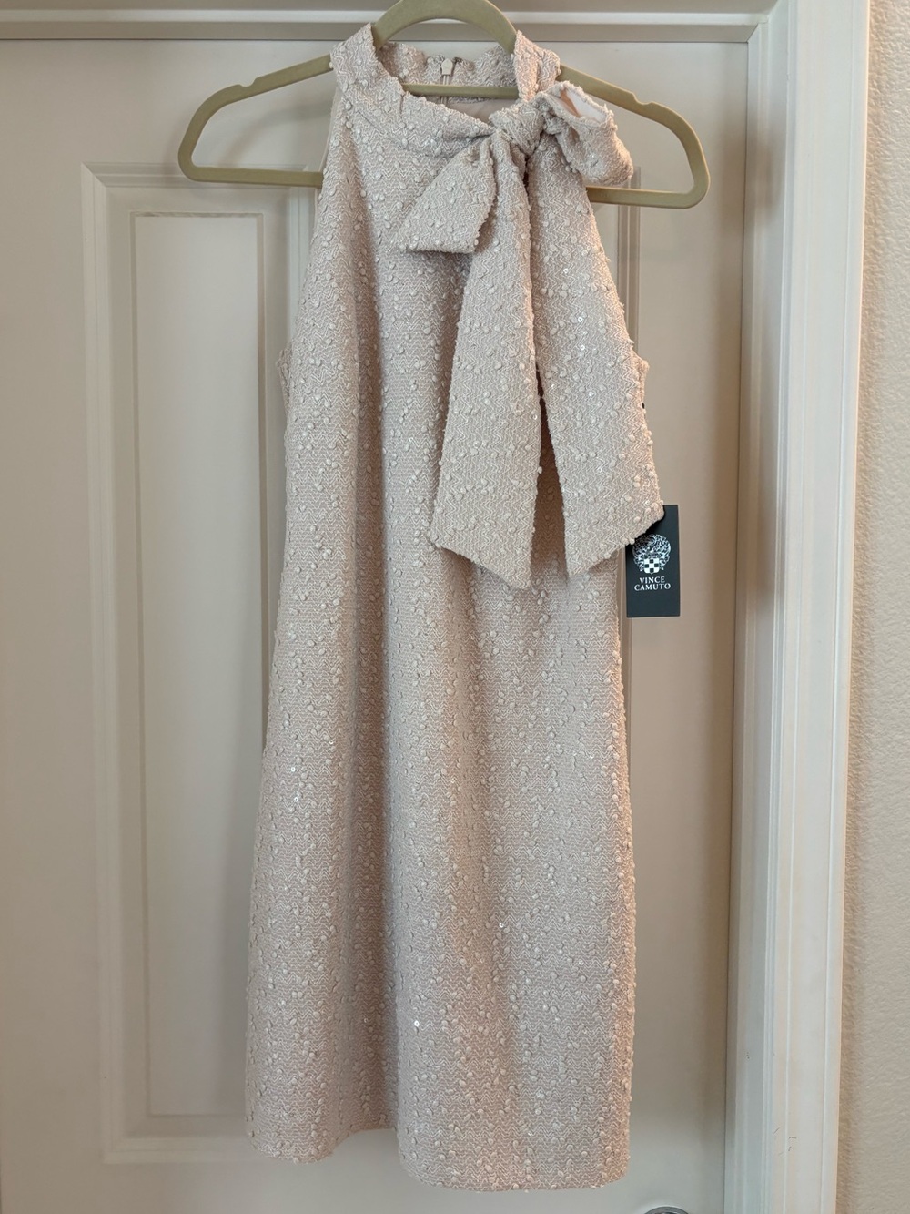 Vince Camuto Beige Sequin Mini Dress with Neck Tie